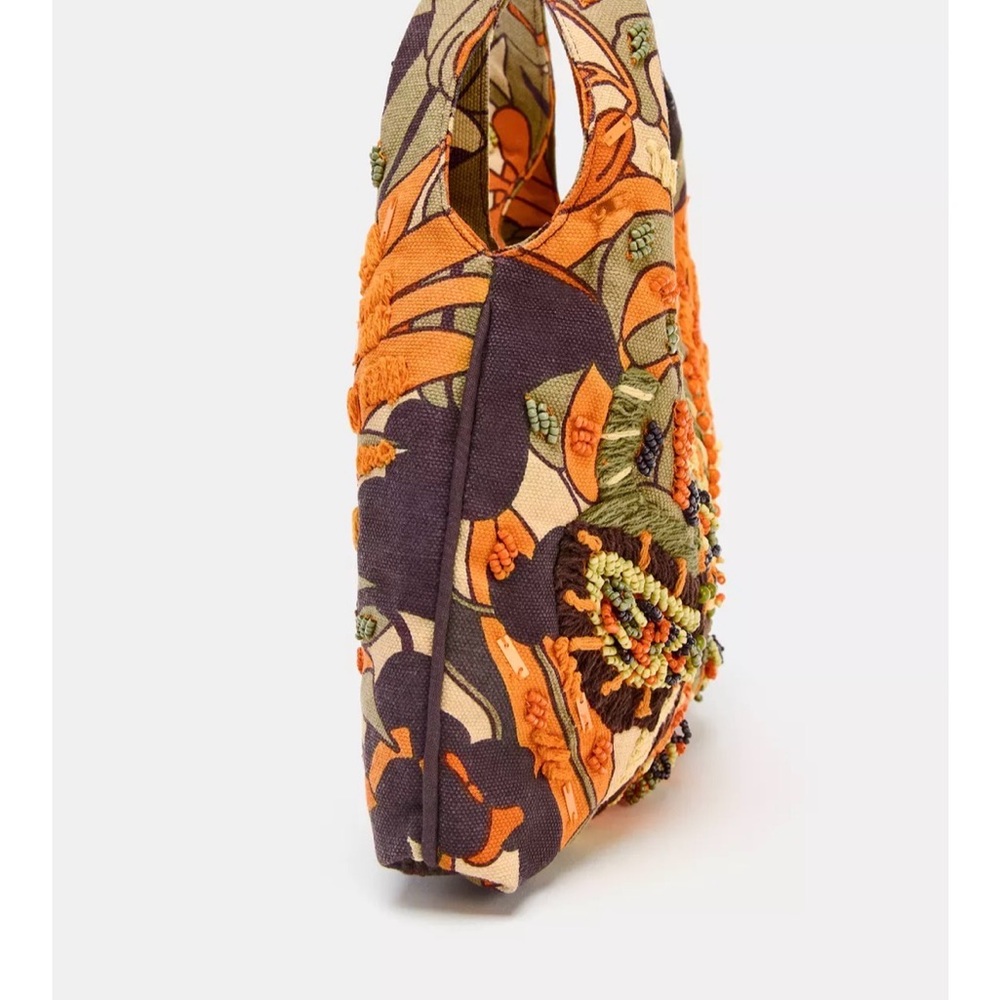 NWT Zara multicolor sequin beaded Orange and Brown Floral Shoulder Bag - Picture 5 of 11